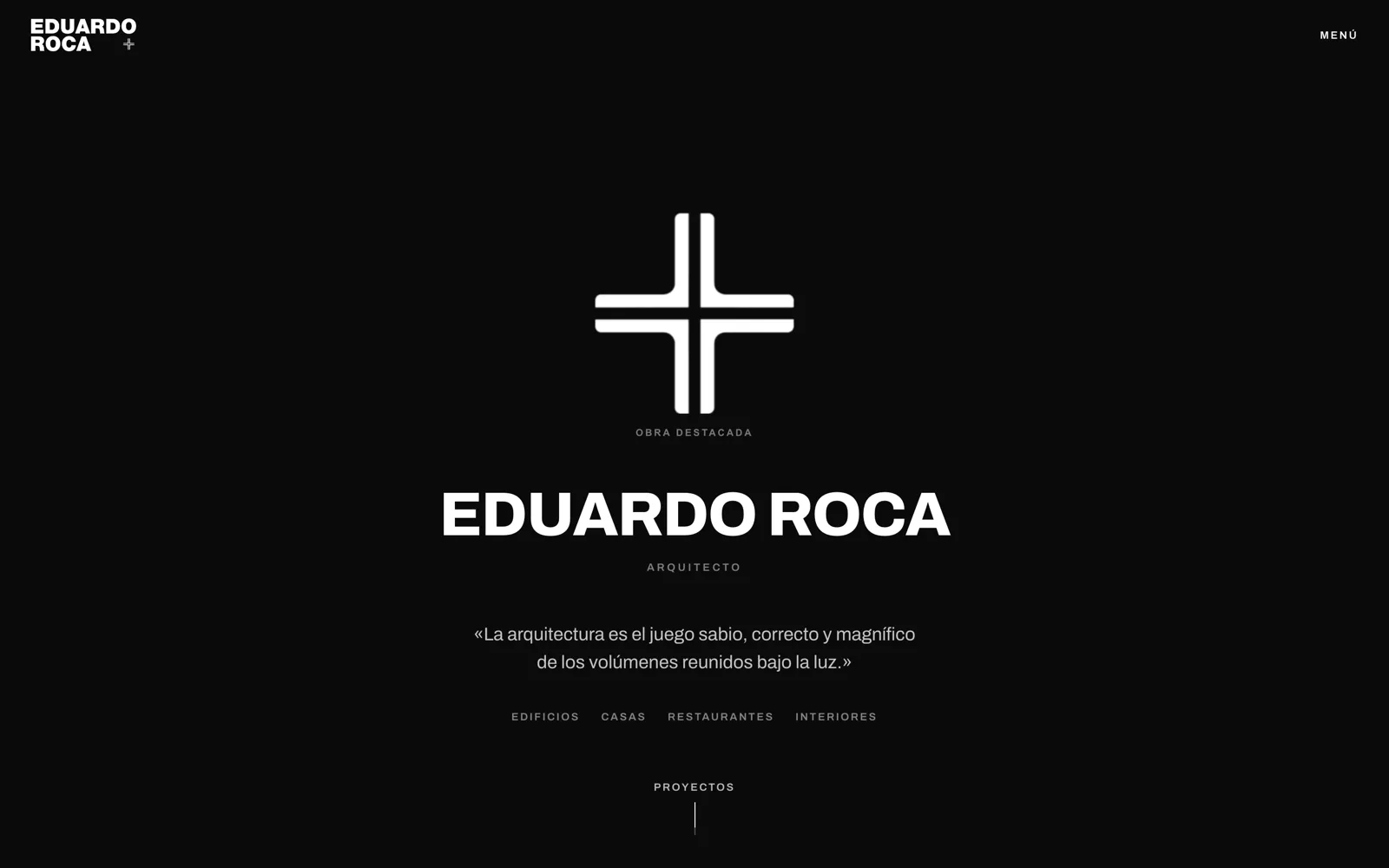 Portada del sitio de Eduardo Roca Arquitecto: fondo negro con el lockup de la marca y la cruz