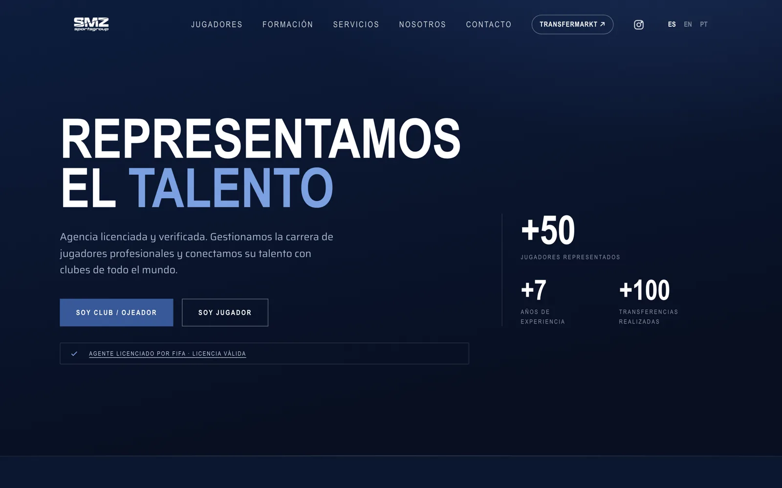 Portada del sitio de SMZ Sports Group, agencia de representación de futbolistas